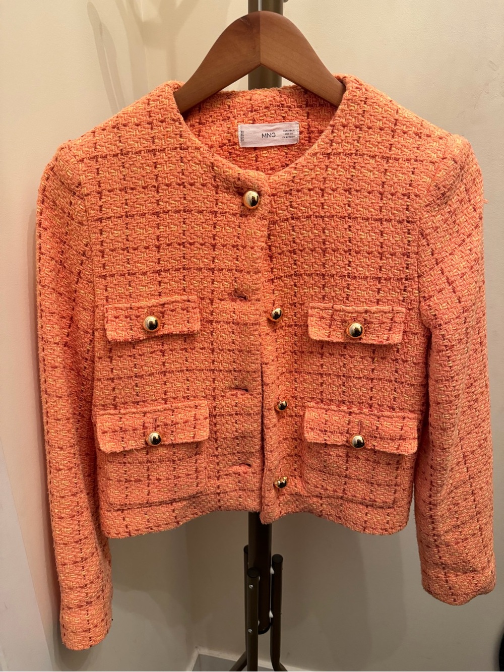 Mango Coral-Orange Tweed Cropped Blazer with Gold Buttons